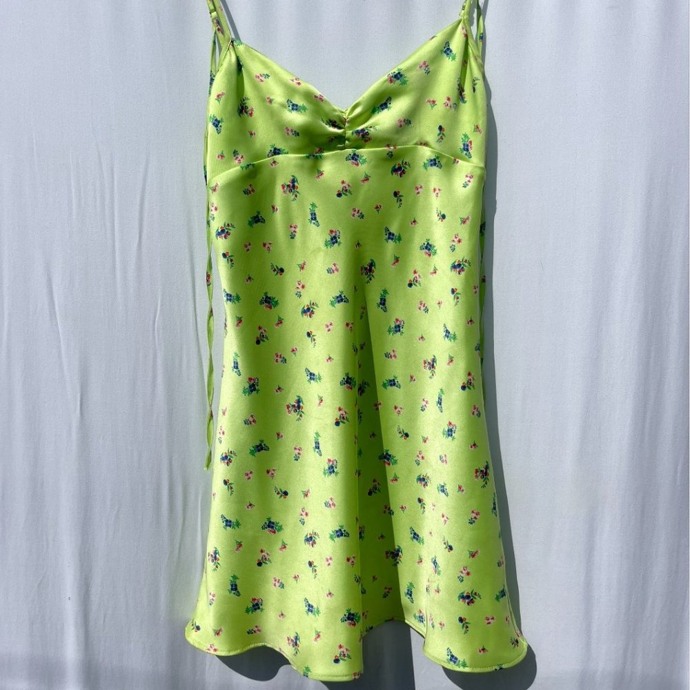 EUC - Super Fun Green Floral Satin Spaghetti Strap Mini Dress